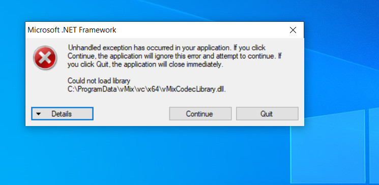 vMix lỗi Microsoft. NET Framework Could not load library